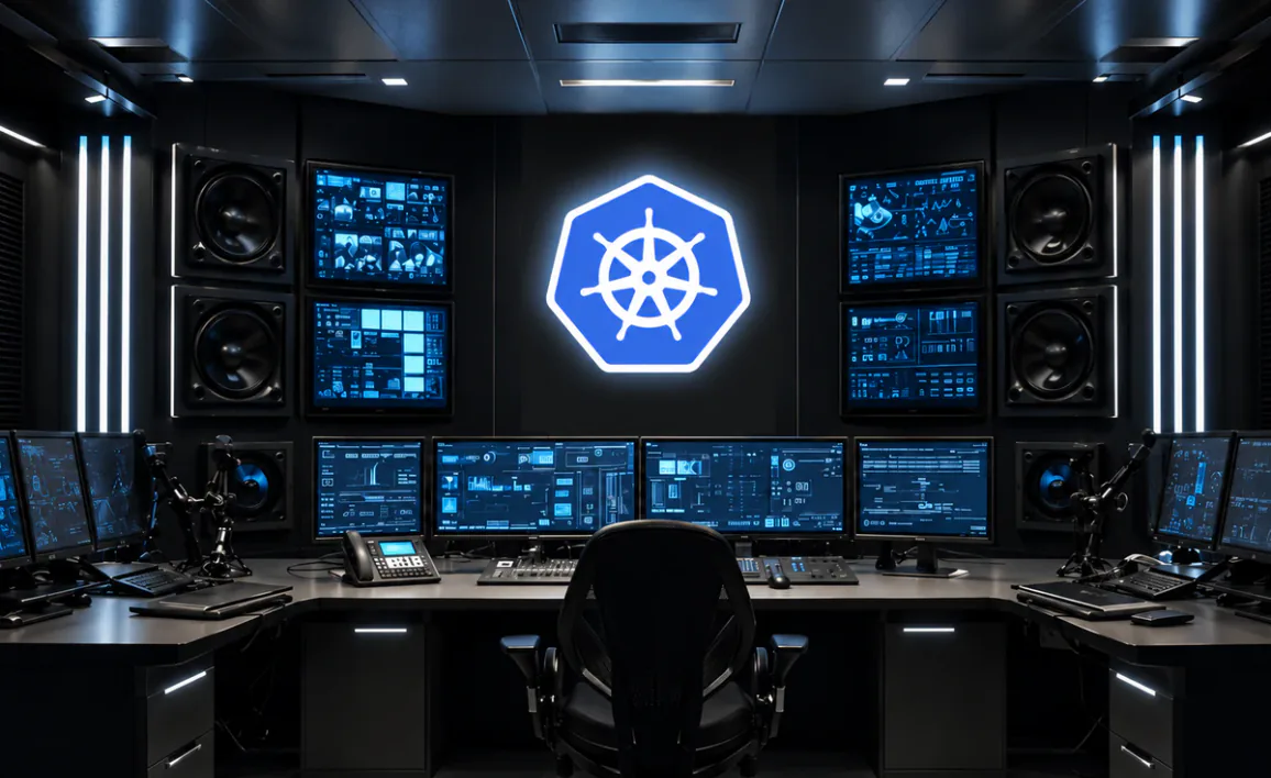 A futuristic command center filled with data monitors and a glowing blue Kubernetes logo on the main wall, symbolizing cluster management and automation.