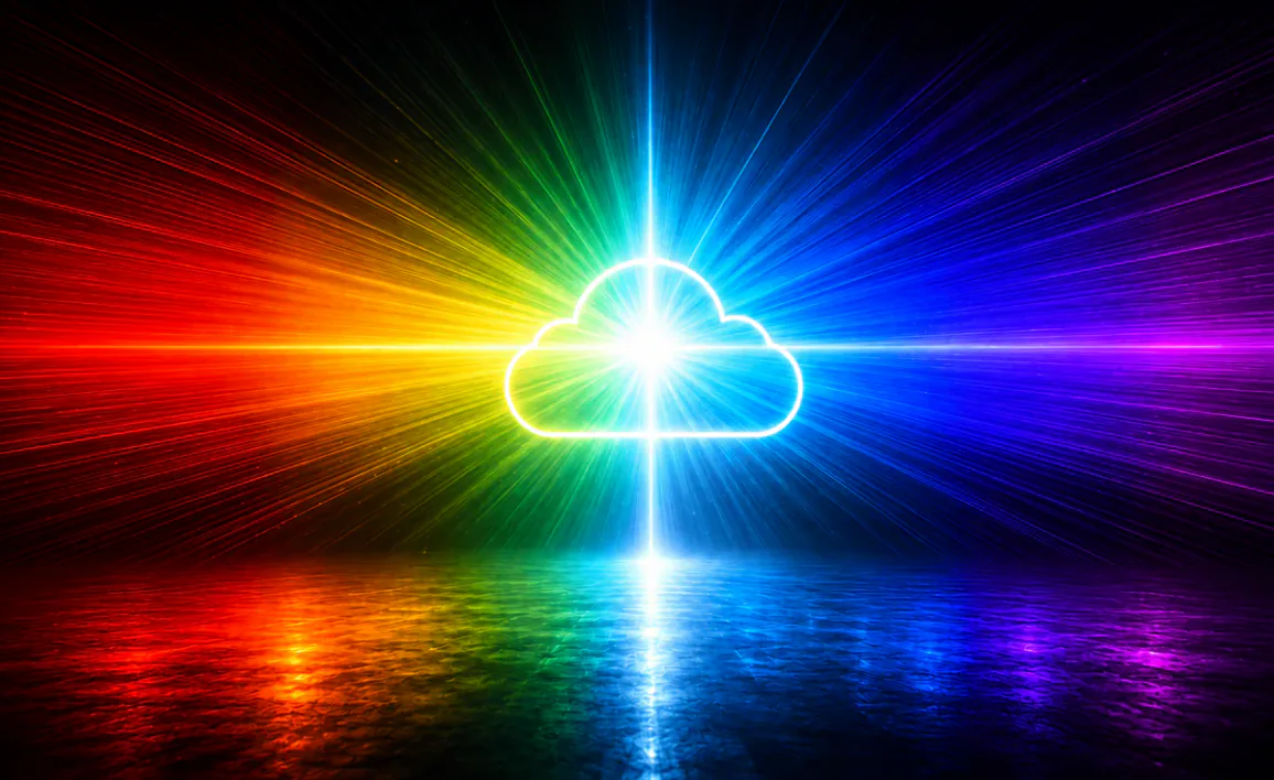 A glowing neon cloud outline radiating a vibrant multi-colored spectrum of light rays against a dark background, representing the diverse spectrum of BYOC deployment models and cloud architectures.