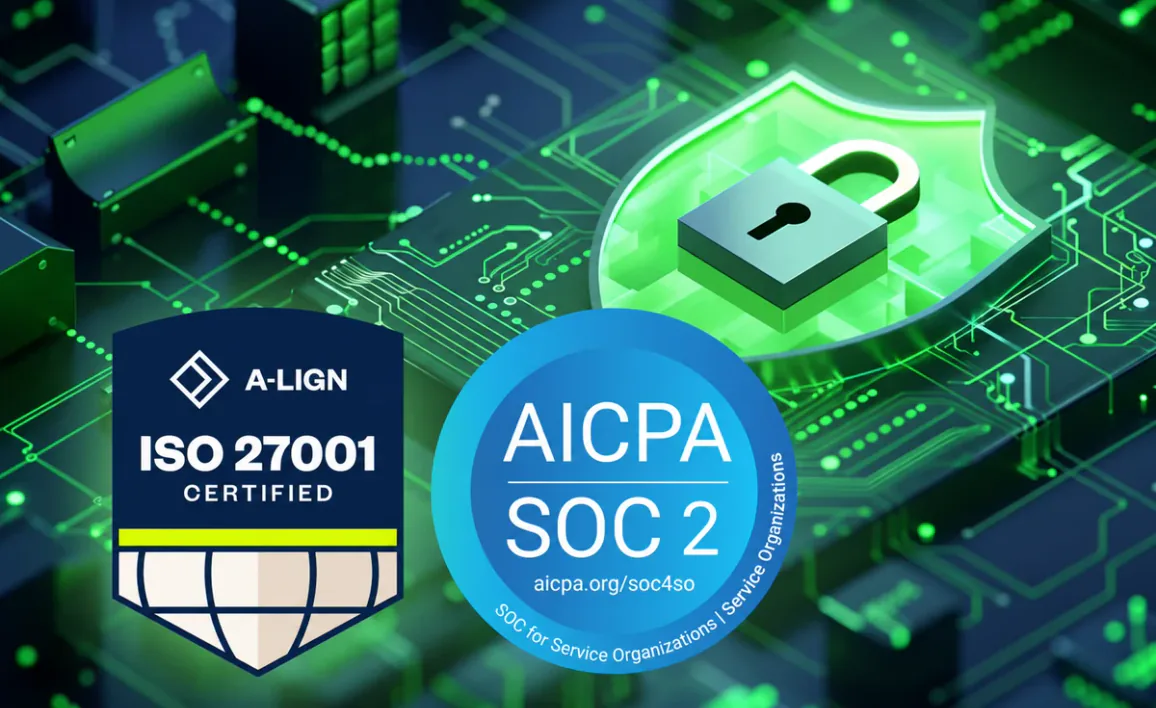 The A-LIGN ISO 27001 Certified badge and AICPA SOC 2 seal set against a green circuit board with a glowing padlock, representing Omnistrate's ISO 27001 certification and annual SOC 2 Type II attestation.