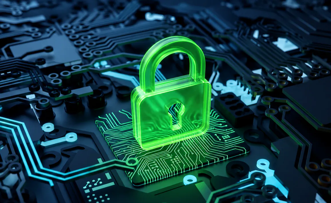 A glowing green padlock rendered on a dark circuit board, representing Omnistrate's enterprise-grade, zero-trust security posture validated by independent third-party penetration testing.