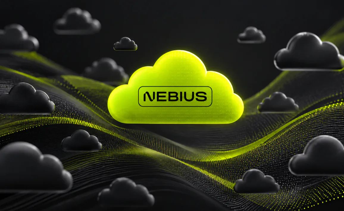 A glowing, bright green 3D cloud icon featuring the NEBIUS logo at its center, floating within a dark digital landscape of black clouds and flowing golden-green network data waves, representing Omnistrate's native Nebius neocloud support for GPU-intensive AI workloads