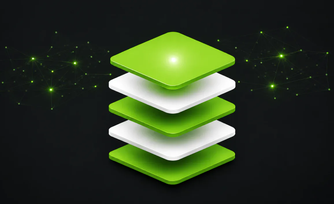 A stack of five alternating green and white isometric layers floating above a dark panel, flanked by glowing green network constellations, representing the distribution layer that sits between an AI product and the many environments it runs in.