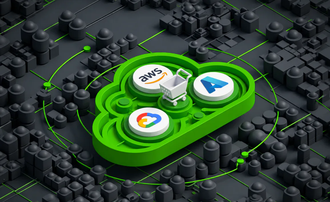 Conceptual illustration of a cloud marketplace fulfillment control plane. A stylized cloud infrastructure mesh maps application delivery workflows out to three distinct cloud ecosystem entry points: the AWS Marketplace, Microsoft Azure, and Google Cloud Marketplace logos.