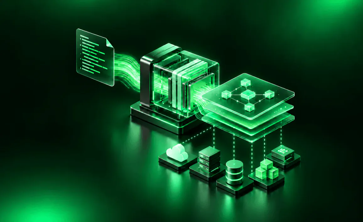 Illustration of a service specification feeding into a generator that produces a layered control plane, with connected cloud, server, database, and service icons.