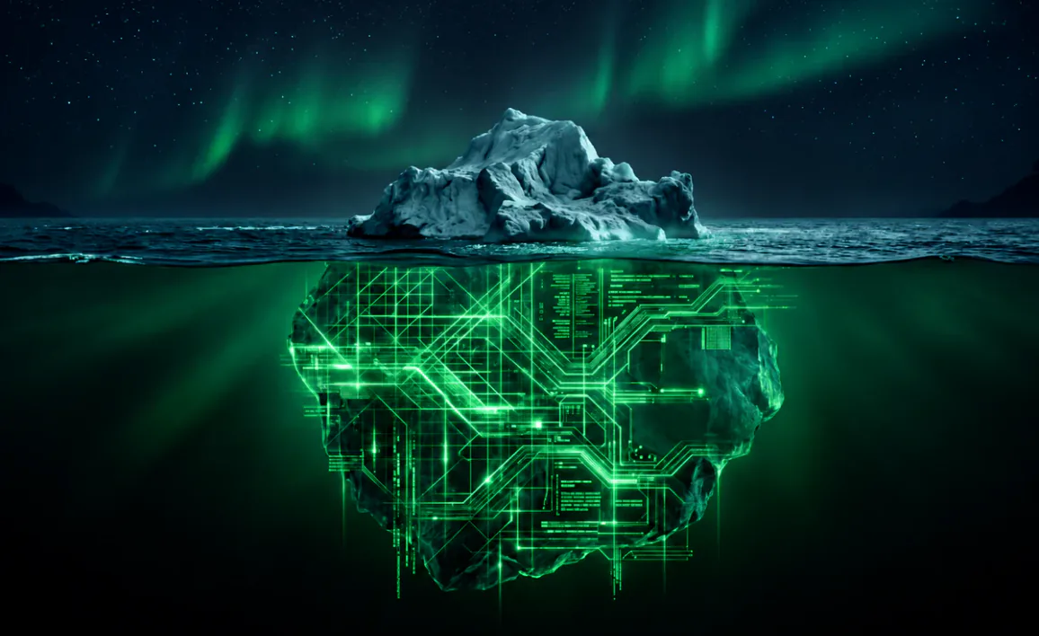 An iceberg with a small visible tip above a larger digital infrastructure layer, representing hidden BYOC complexity.