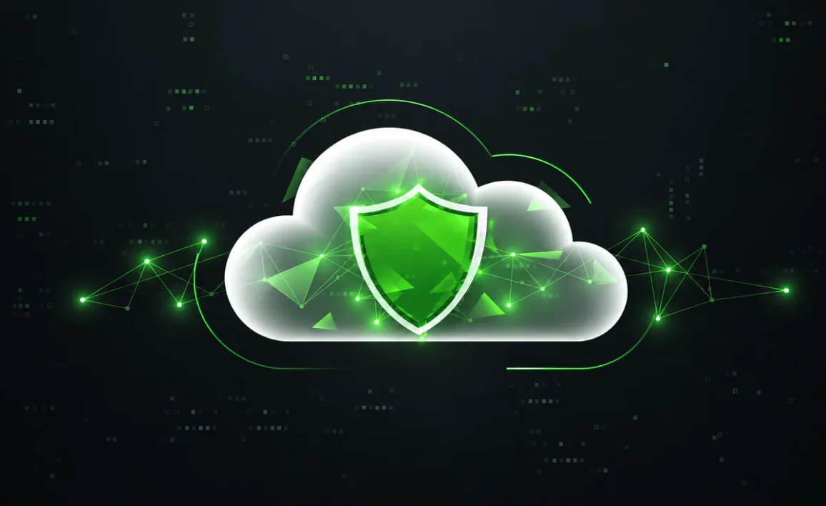 A glowing digital cloud protected by a green security shield and surrounded by network nodes, representing secure Bring Your Own Cloud (BYOC) enterprise software deployment.