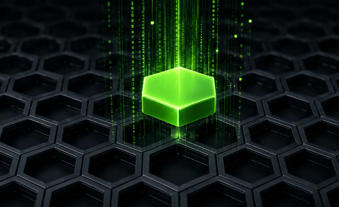 A single, glossy green hexagonal cell elevated above a dark, metallic honeycomb grid, with vertical streams of green binary code raining down on it to symbolize a dedicated single-tenant runtime or isolated cellular SaaS environment.