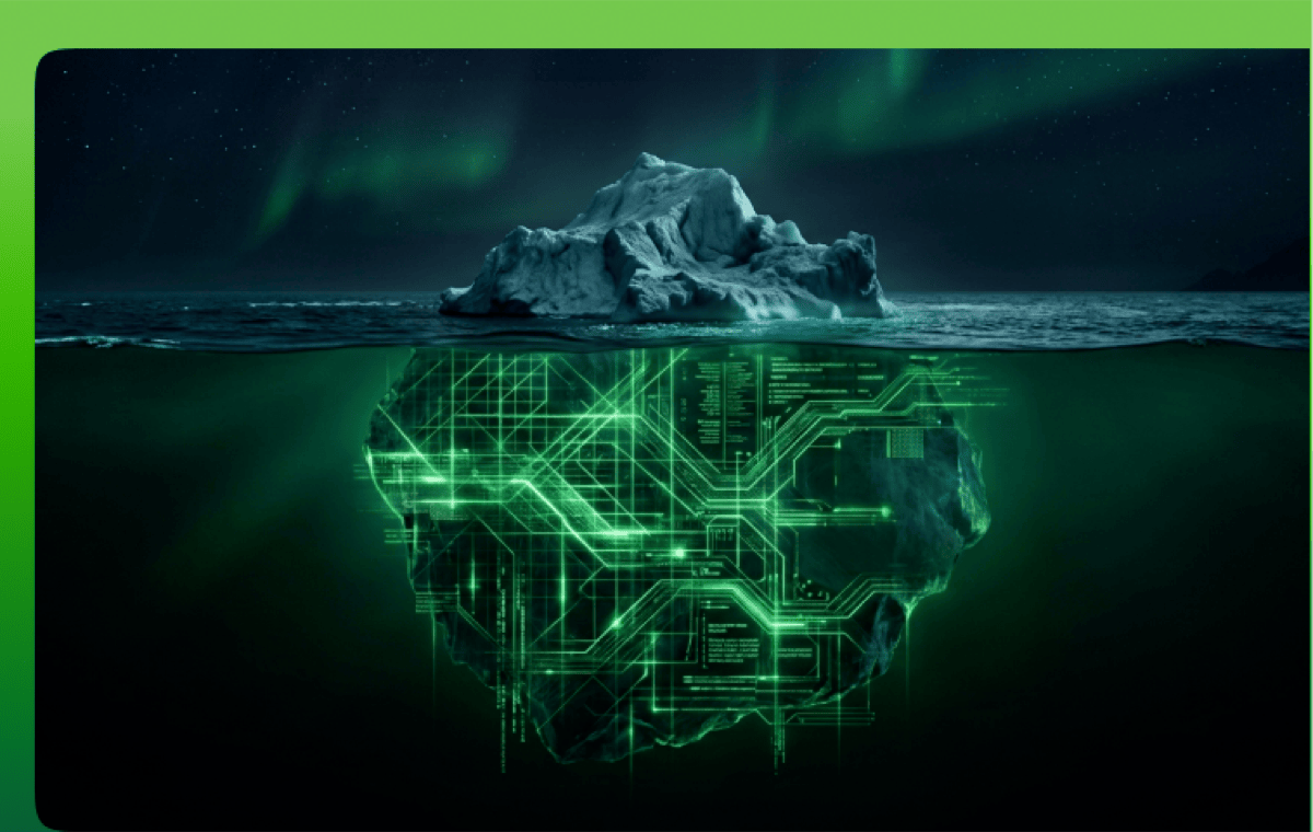 An iceberg with a small visible tip above a larger digital infrastructure layer, representing hidden BYOC complexity.