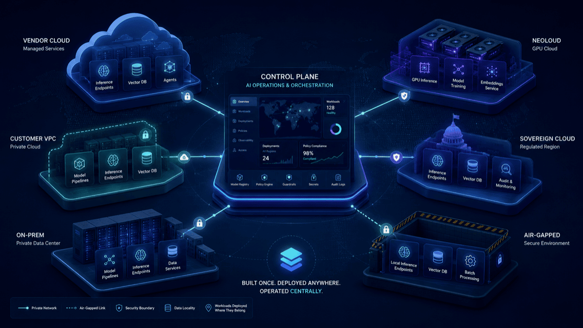 A central control plane for AI operations and orchestration, connected over private and air-gapped links to six runtime destinations—vendor cloud, neocloud GPU cloud, customer VPC, sovereign cloud, on-premises data center, and an air-gapped environment—each running inference endpoints, vector databases, and model pipelines.